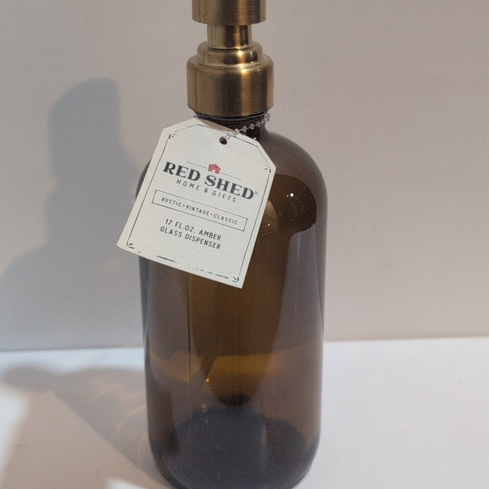 Red Shed NWT Glass 17 Fl Oz Amber Soap Lotion Dispenser Brushed Gold Hardware